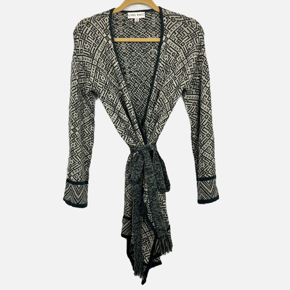 Knox Rose Brown & Black Aztec Western Print Cardigan Sweater with Belt - MEDIUM